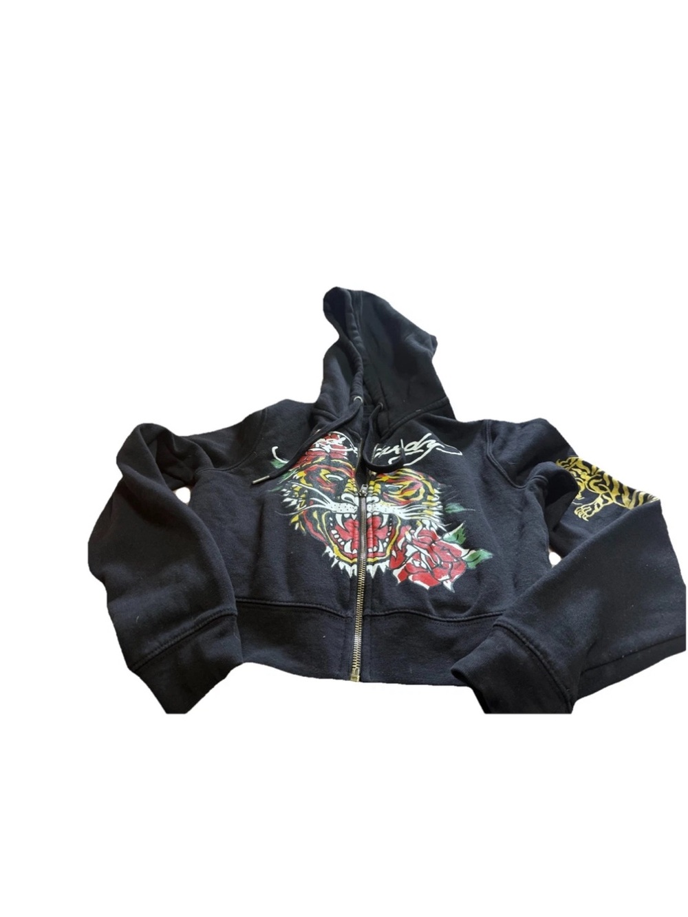 Ed Hardy Women’s Black Hooded Cropped Jacket Tiger Rose Graphic Print Sz Med